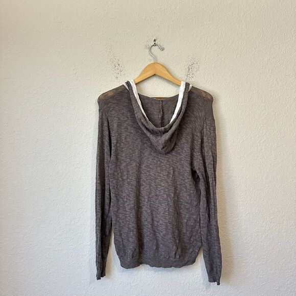 NWOT FRESH PRODUCE Long Sleeve Hooded Knit Sweater V-Neck in Taupe - Picture 4 of 9